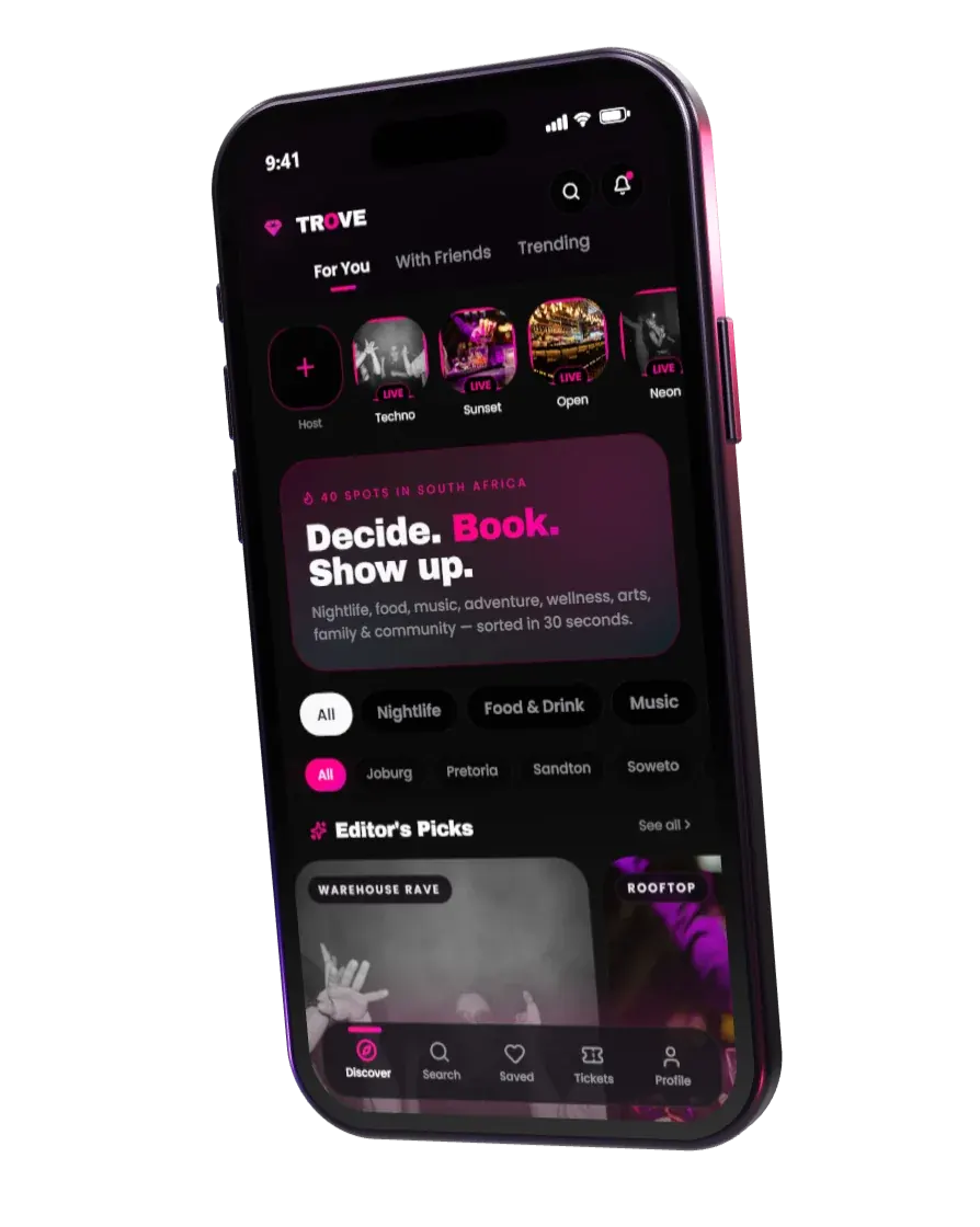The TROVE app on a phone, showing the Discover screen with live stories, Editor's Picks and city filters for Joburg, Pretoria, Sandton and Soweto.